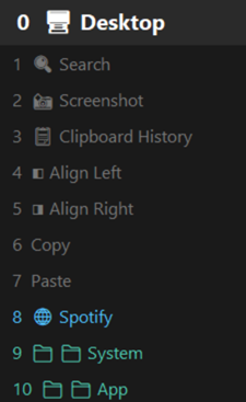 RightWheel shortcut panel open on Windows desktop showing numbered quick-launch items
